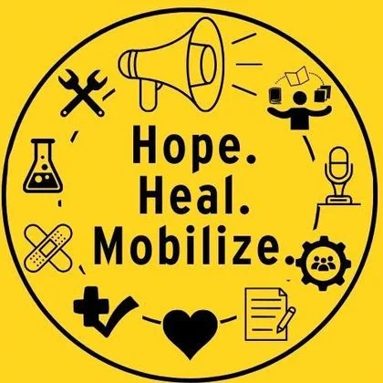 The text "hope, heal, mobilize" inside of a circle with a bullhorn, heart, paper and pencil, microphone, person with books, beaker, band-aid, wrenches and other tools to symbolize the different roles people can play in a movement