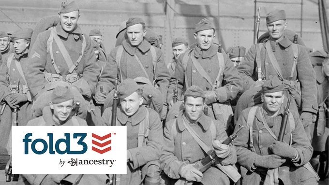 black and white group of military men dressed in coats, hats, gloves, and rifles. fold 3 by ancestry logo