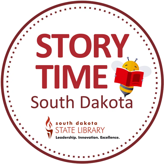 story time south dakota round logo featuring reading bee. south dakota state library logo