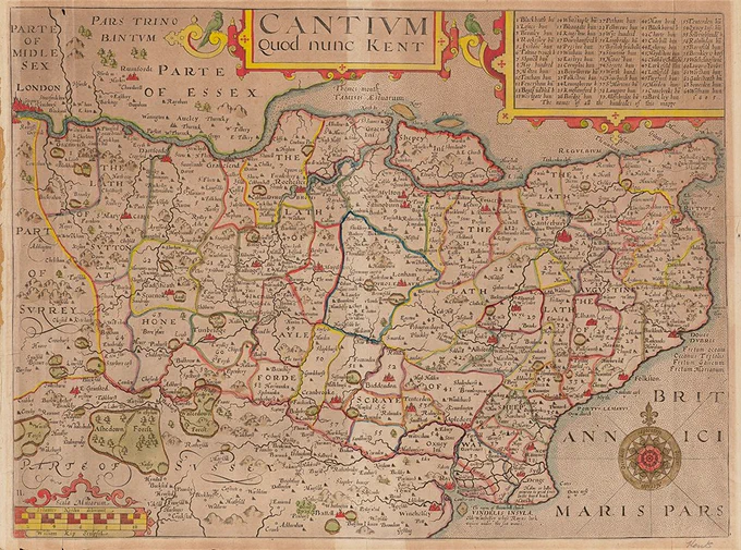 Color topographical map of Kent with symbols for rivers, bridges, woods, parks, and settlements