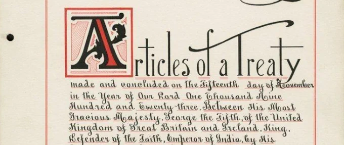 A small section of the first page of the Williams Treaties with the Mississauga First Nations of Rice, Mud and Scugog Lakes and Alderville, which was signed in 1923