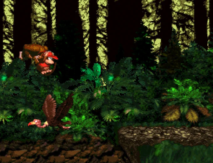 Diddy Kong and Donkey Kong get barrel blasted above a Necky vulture that's flying over an expanse in the temperate forest of Vine Valley. Screenshot from Donkey Kong Country's Vulture Culture stage.