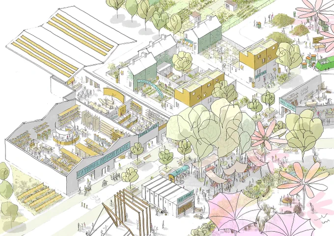 Artistic illustration depicting possible civic infrastructure from our Reimagined  Neighbourhood Fundamentals outlined in our 3 Degree Neighbourhood research.