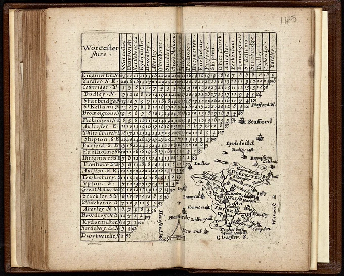 Image of a tiny volume showing a map of Worcestershire and grid of distances between towns and villages