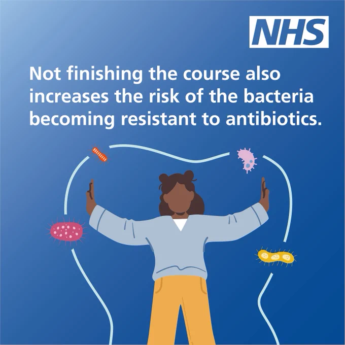 Not finishing the course also increases the risk of the bacteria becoming resistant to antibiotics. Image shows germs floating around a child.