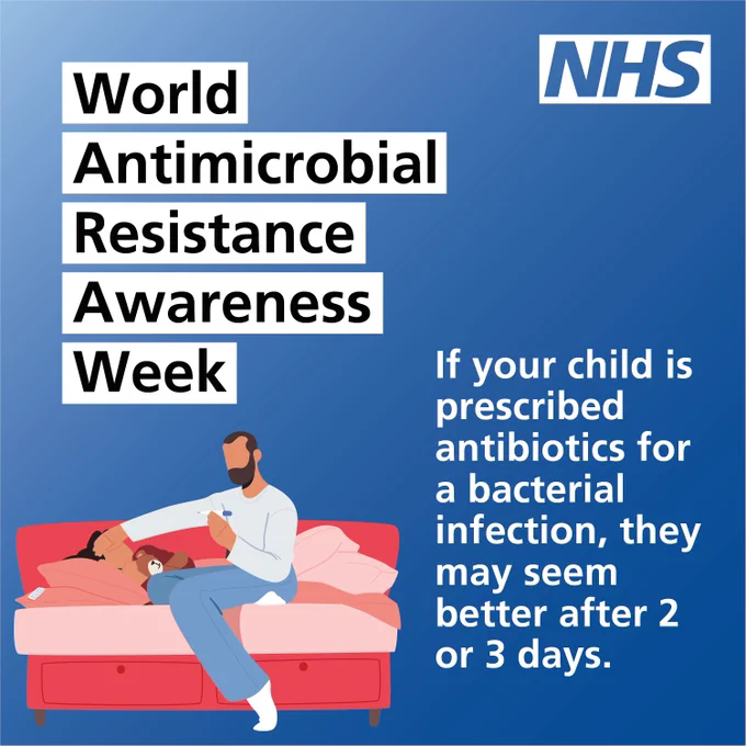 World Antimicrobial Awareness Week. If your child is prescribed antibiotics for a bacterial infection, they may seem better after 2 or 3 days. Image shows an adult caring for a sick child who is laying down.