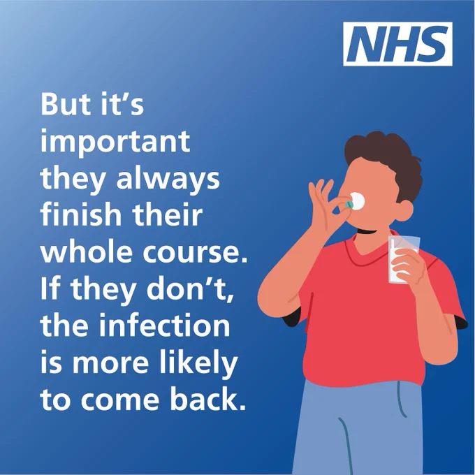 But it's important they always finish their whole course. If they don't, the infection is more likely to come back. Image shows a child taking antibiotics.
