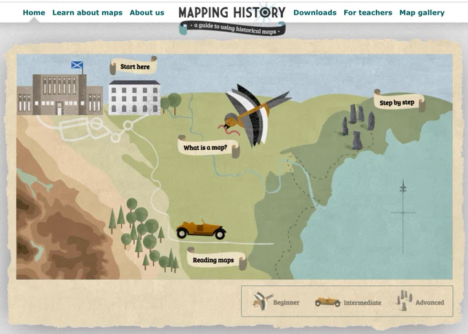 A screenshot of the home page of the Mapping History website. The page has an illustration of a map, an area of coastline, which has a bird flying over it with a worm in its mouth. The map has buildings drawn in the top left corner and a red vintage car towards the bottom. The web page menu bar can be seen along the top of the screenshot.
