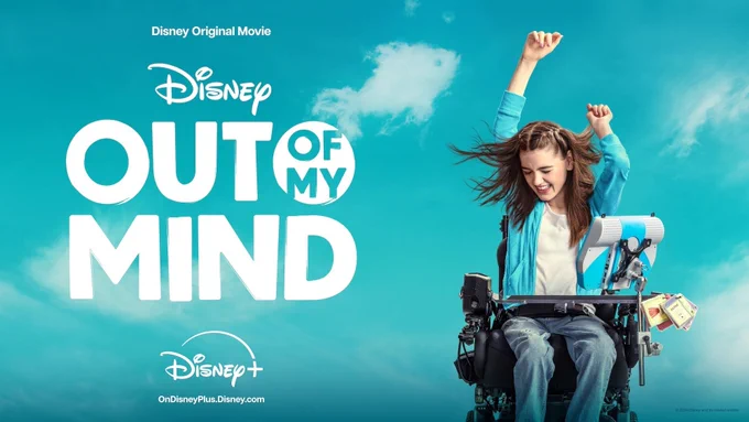 Disney original movie press release vertical image of “Out Of My Mind”. Melody, a girl with cerebral palsy who uses Assistive Technology, is on the right side of the image sitting in her wheelchair with her hands up.