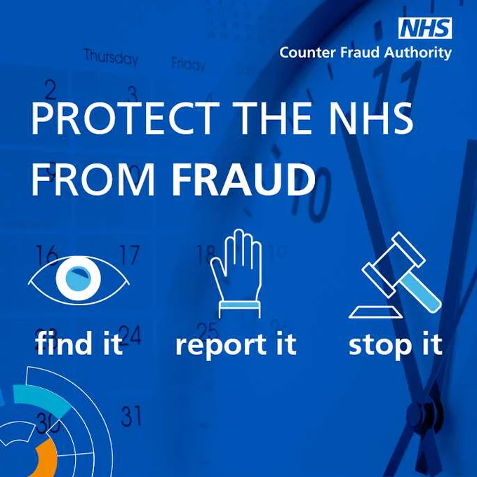 A blue background with an eye icon with the words "find it", then a hand with the phrase "report it" underneath and finally a judges gavel with "stop it " underneath. The words Protect the NHS from Fraud sits above those elements.