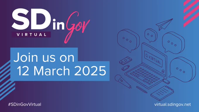 Promotional graphic for SD in Gov Virtual event, inviting participants to join on March 12, 2025. Features illustrations of a laptop, speech bubbles, and event-related icons on a blue background. Visit virtual.sdingov.net for more details.