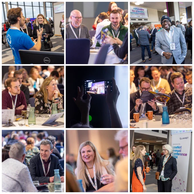 A collage of photos from the event - people networking in a large exhibition room, reading a publication, talking, watching presentations