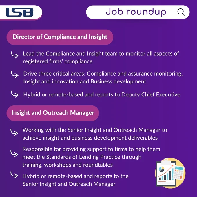 Header text reads ‘Job roundup’. Below this, bullet points contain information relating to two roles, ‘Director of Compliance and Insight’ and ‘Insight and Outreach Manager’.