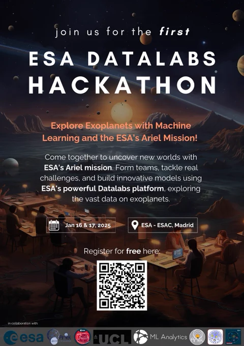 Poster for the ESA Datalabs Hackathon providing details about the event, including a QR code for registrations.