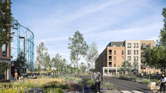 Artist's impression of new housing and streetscape next to 'Gas Holder 1' in Granton Waterfront.