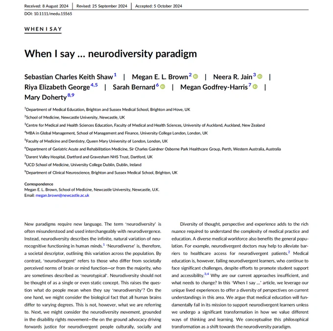 A screenshot of the first page of the article, showing the title ("when I say ... neurodiversity paradigm"), the author information, and the start of the main text.