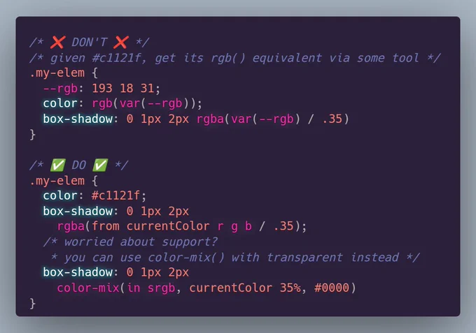 The two options for getting a semitransparent version of currentColor:
box-shadow: 0 1px 2px rgba(from currentColor r g b / .35);
box-shadow: 0 1px 2px color-mix(in srgb, currentColor 35%, #0000);