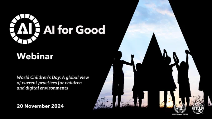 promo visual for our AI for Good webinar on World Children's Day: a global view of current practices for children and digital environments