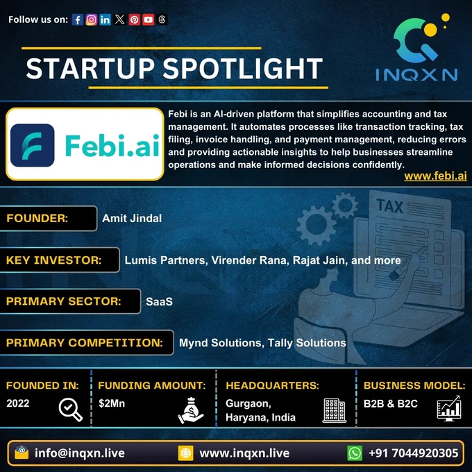Accounting made simple! Meet Febi.ai, an AI-powered platform revolutionising accounting and tax management for businesses. From transaction tracking to tax filing, Febi.ai automates the process, reduces errors, and empowers businesses with actionable insights for smarter decision-making.
🔹 Founder: Amit Jindal
🔹 Key Investors: Lumis Partners, Virender Rana, Rajat Jain, and more
🔹 Funding: $2 Million
🔹 Headquarters: Gurgaon, Haryana, India
🔹 Sector: SaaS | Model: B2B & B2C
📊 Febi.ai is here to streamline your operations and boost efficiency! Learn more at www.febi.ai
#Inqxnlive #StartupSpotlight #AIInnovation #TaxTech #SaaSRevolution #INQXN #SaaS #TechInnovation #TaxManagement #AIForBusiness #GrowthHack #DigitalTransformation 
