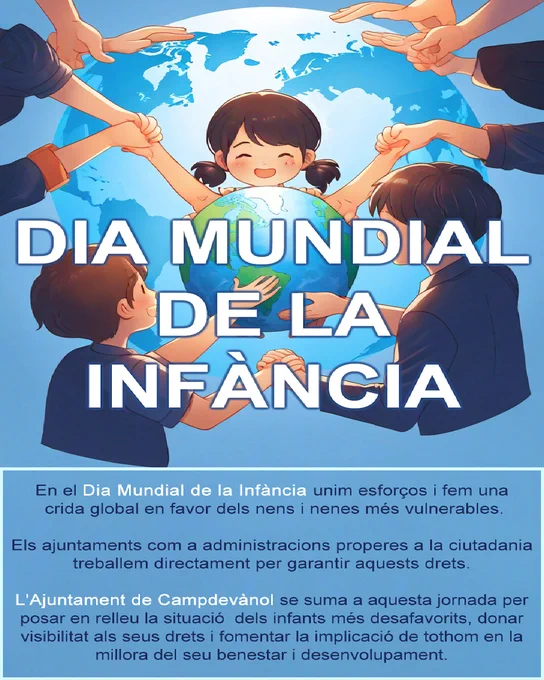 Unim esforços pel #DiaMundialDeLaInfància! L’@AjCampdevànol dona suport als drets dels infants per garantir el seu benestar, educació i salut. Els nens són el futur, treballem per ells! 🌍👧👦 #Infància