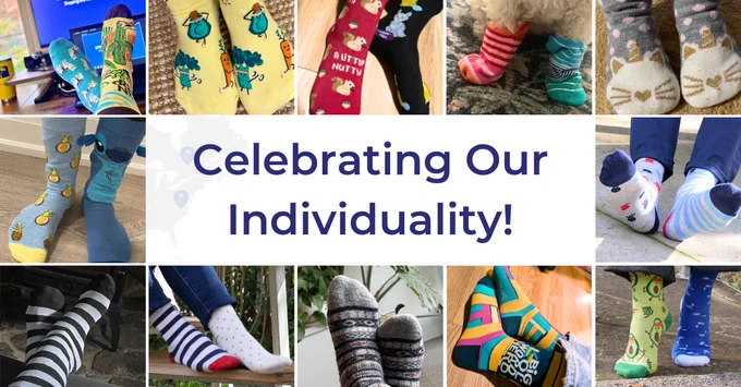 12 squares of photos with Specialisterne employee socks, with the words Celebrating Our Individuality!