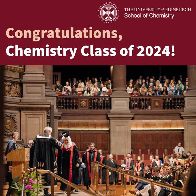 Image of students graduating in the McEwan Hall with School of Chemistry logo and text 'Congratulations, Chemistry Class of 2024'