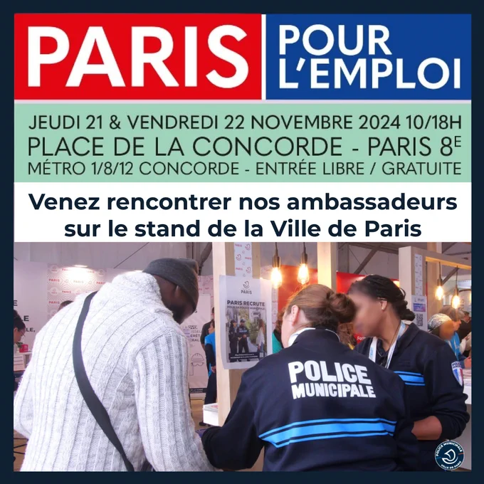 Venez rencontrer le jeudi 21 et le vendredi 22 novembre, les ambassadeurs de la police municipale présents au salon Paris pour l'emploi
