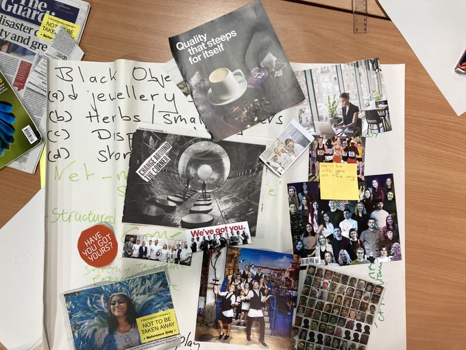 A mood board of images created by one of the groups. Images covering fun, forward thinking and faces.