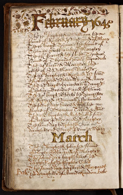 A page from the heavily decorated St Mary's (Kidderminster) parish register 