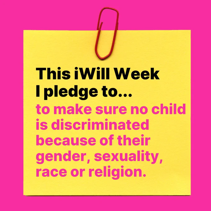 Yellow sticky note with text pledging to prevent discrimination against children based on gender, sexuality, race, or religion, attached to a pink background with a red paper clip.