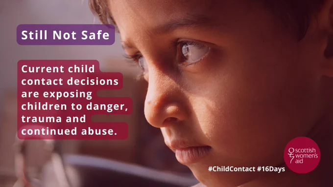 Photograph of a child. The text reads: Still not safe. Current child contact decisions are exposing children to danger, trauma and continued abuse. 