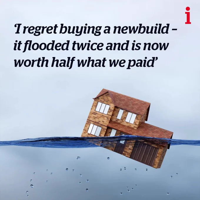 Text: ‘I regret buying a newbuild – it flooded twice and is now worth half what we paid’. Image: An illustration of a house sinking (Photo: Getty).