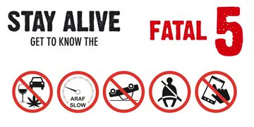 IMAGE OF THE FATAL 5 LOGOS. 
STAY ALIVE GET TO KNOW THE FATAL 5
1) Don't drink or drug drive  
2) Kill your speed  
3) Don't get careless  
4) Belt up  
5) Switch it off