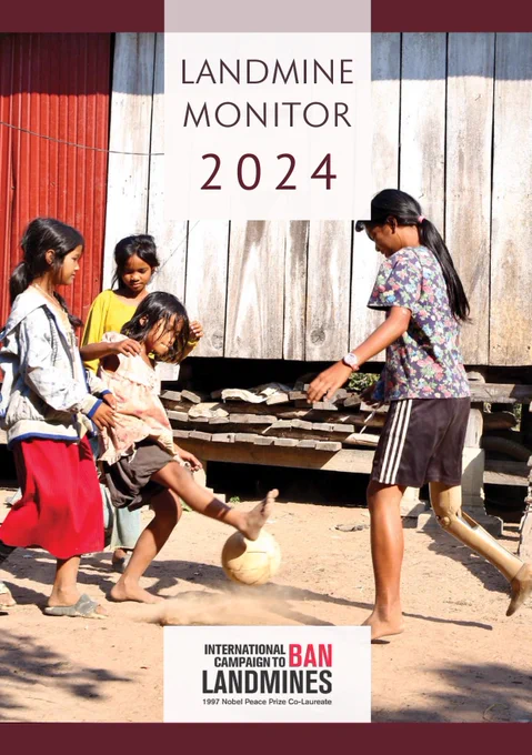 Cover of Landmine Monitor 2024 showing Srey Nang, landmine survivor from Cambodia, playing football with other kids. (c)HI