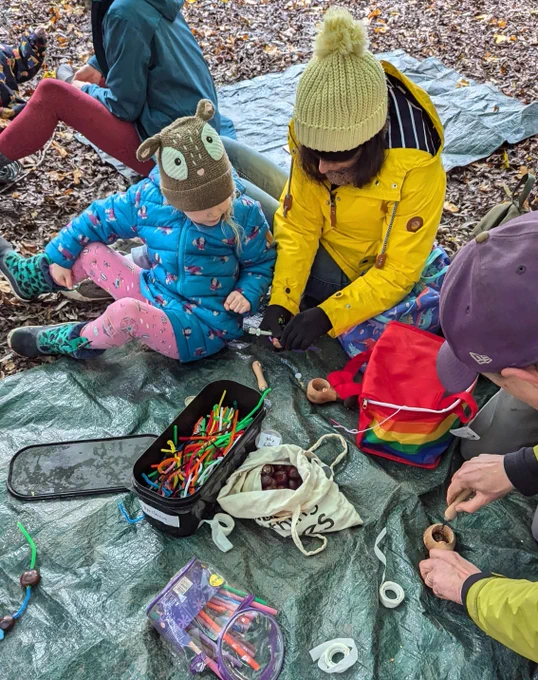 Adult and child, sitting on a green tarpaulin mat, looking at craft materials. On the mat, there is a rainbow striped picnic bag, a cream and black tote bag, a box of pipe cleaners and a bag of pens. the adult wears a yellow coat and bobble hat. The child wears a blue coat and pink leggings