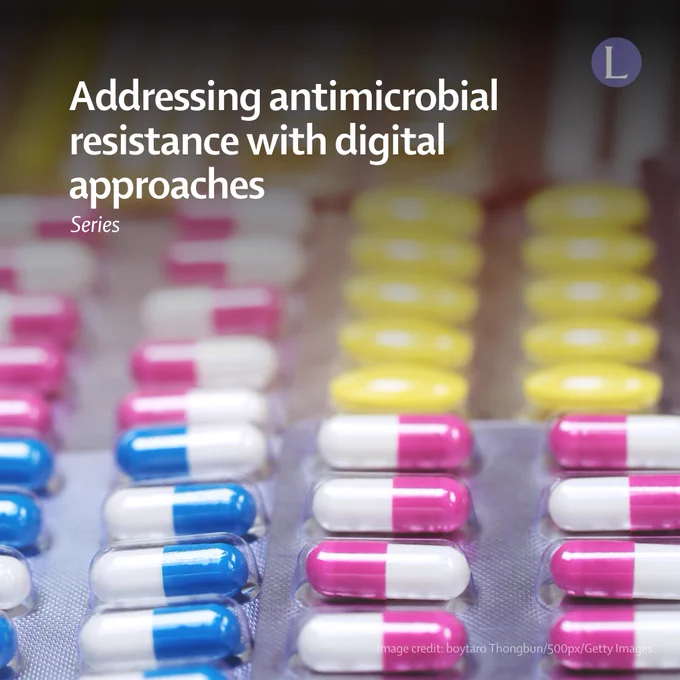 Promotional card for The Lancet Digital Health Series "Addressing antimicrobial resistance with digital approaches". Background image: multicoloured pills in packaging.