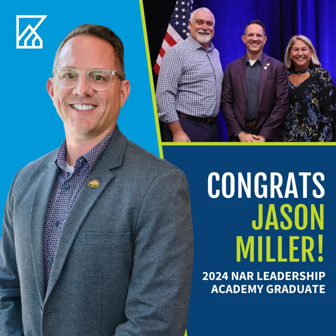 Promotional image celebrating Jason Miller as a 2024 NAR Academy Leadership graduate. Features four smiling people in business attire, with the MNR logo and an American flag in the background. Text reads: 'Congrats Jason Miller!'