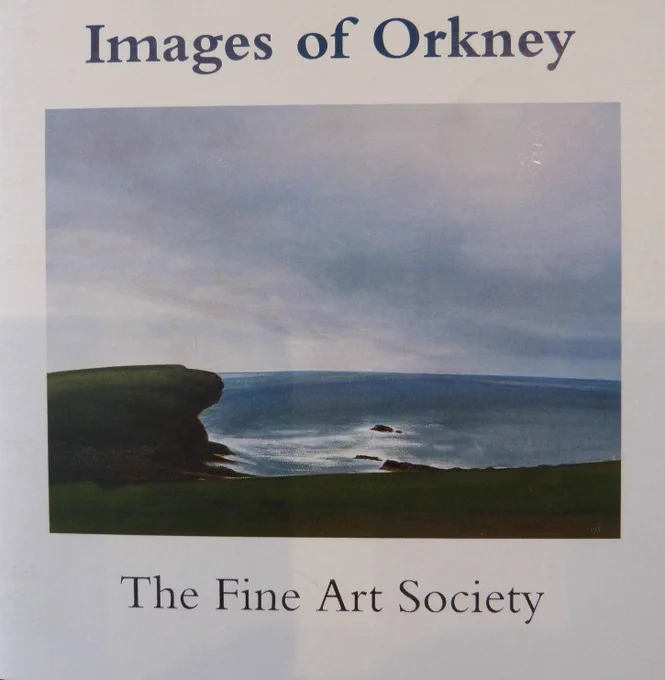 Cover of the exhibition catalogue Images of Orkney which shows a landscape watercolour entitled Cliffs at Yesnaby by Bet Low. There is a high cliff edge in the foreground which hugs the blue sea and some white crashing waves. The sky is a blustery blue-white colour. The exhibition ran from 1-29 June 1991. It included the work of Bet Low, Frances Walker and Frances Pelly. Orkney was a crucial source of inspiration for each of these artists working in their own distinctive styles. 