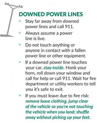 A graphic that reads, Downed Powerlines.
Stay far away from downed Power lines and call 911.
Always assume a power line is live. 
Do not touch anything or anyone in contact with a fallen power line or other equipment. 
If a downed power line touches your card, stay inside. Honk your horn, roll down your wind and call for help or call 911. Wait for fire department or utility workers to tell you it's safe to exit. 
If you must leave due to fire risk: remove loose clothing, jump clear of the vehicle so you're not touching the vehicle when you land; shuffle away without picking up your feet. 