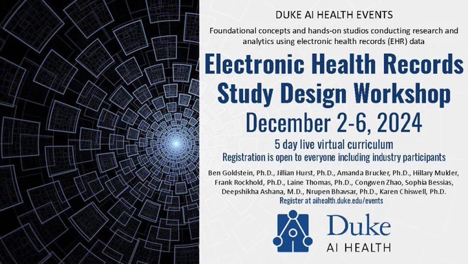 Electronic flyer for Duke AI Health's Electronic Health Records Study Design Workshop, being held as a virtual Zoom event on December 2-6, 2024. Registration for the event is open through Thursday, November 21, 2024 at https://aihealth.duke.edu/duke-electronic-health-records-study-design-workshop-2024/