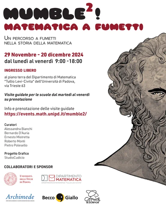 Locandina della mostra "Mumble2! Matematica a fumetti" organizzata dal Dipartimento di Matematica dell'Università di Padova.