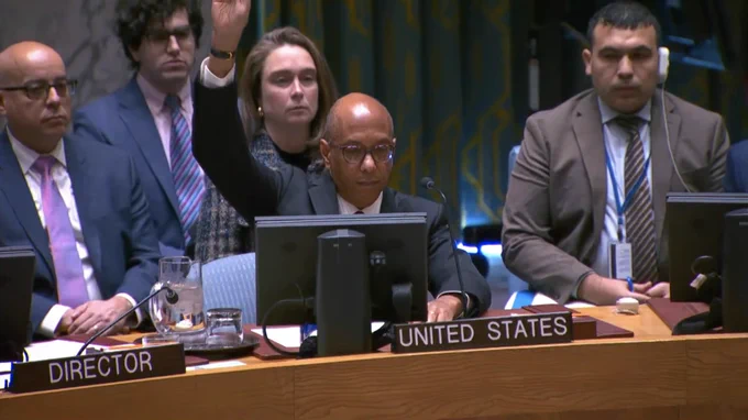 Security Council members vote on the draft resolution on the crisis in the Gaza Strip. 20 November 2024