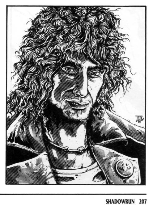 An image of a potential contact from the Shadowrun 2nd Edition ttrpg core rulebook. He has amazing 80s tousled hair, a hemp necklace, and a leather jacket with wide lapels.

Sex appeal is really just off the charts.