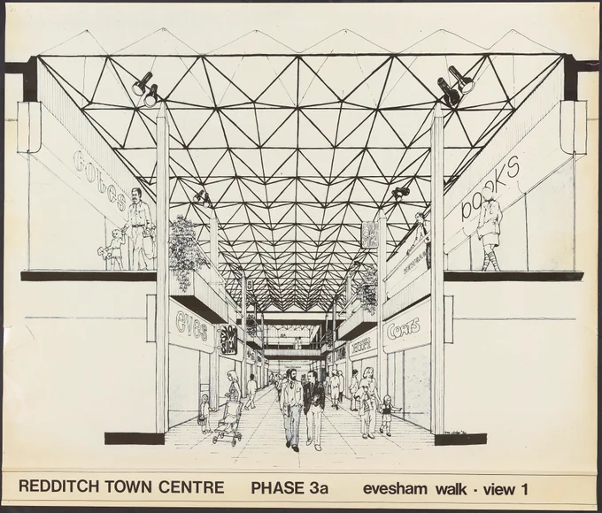 Black and white illustrative plan showing a design for Kingfisher Shopping Centre in Redditch. 