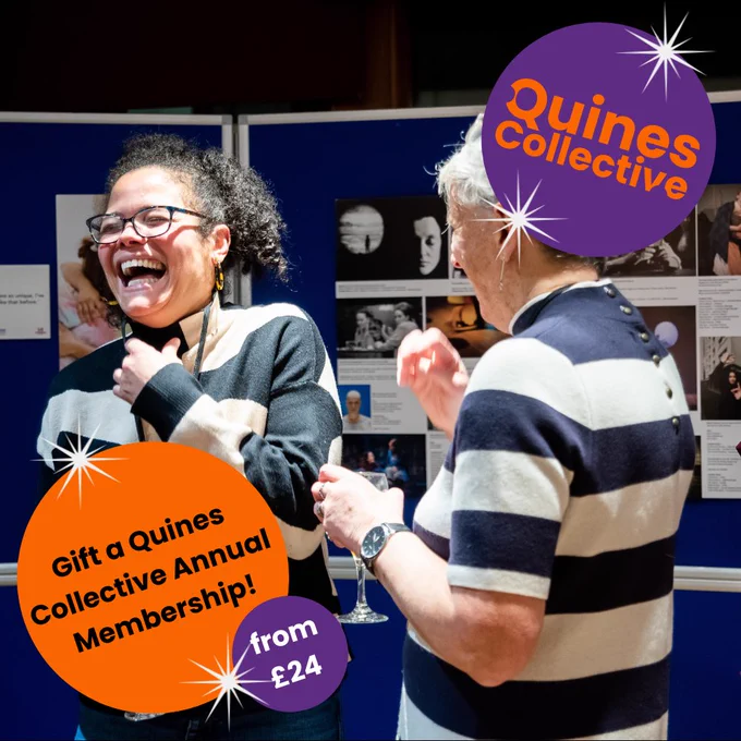 Two women smile and laugh. Text reads Gift a Quines Collective Annual Membership.