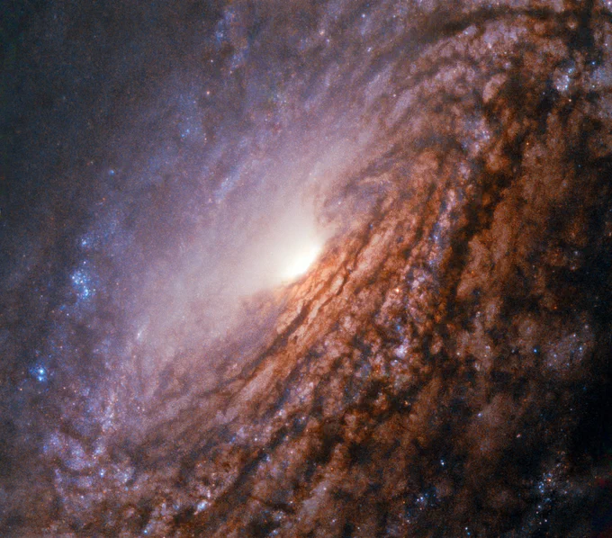 A close-up shot of a spiral galaxy. A bright core is seen edge-on, with spiral arms surrounding it. These arms are full of dark brown dust and hazy blue star formation. 
