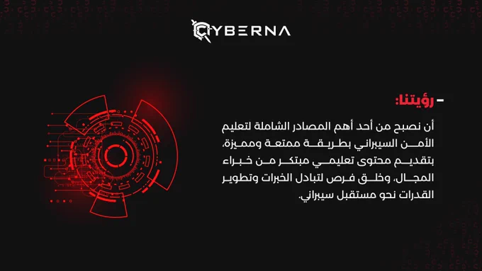 رؤيتنا:

أن نصبح من أحد أهم المصادر الشاملة لتعليم الأمن السيبراني بطريقة ممتعة ومميزة، بتقديم محتوى تعليمي مبتكر من خبراء المجال، وخلق فرص لتبادل الخبرات وتطوير القدرات نحو مستقبل سيبراني.