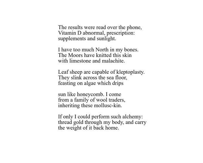 The results were read over the phone,
Vitamin D abnormal, prescription:
supplements and sunlight.

I have too much North in my bones.
The Moors have knitted this skin
with limestone and malachite.

Leaf sheep are capable of kleptoplasty.
They slink across the sea floor,
feasting on algae which drips

sun like honeycomb. I come
from a family of wool traders,
inheriting these mollusc-kin.

If only I could perform such alchemy:
thread gold through my body, and carry
the weight of it back home.