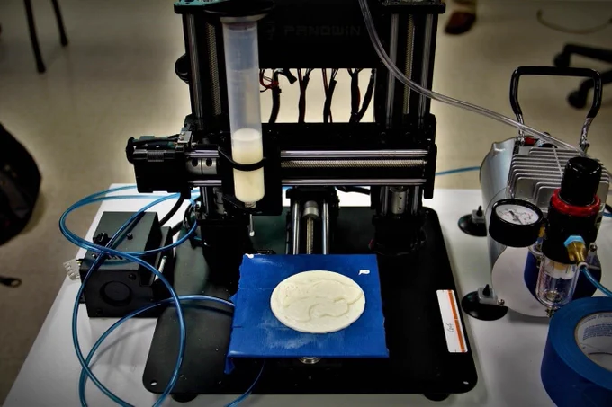 Paste-extrusion 3D printer built by undergraduate students printing a Powercat using food ingredients