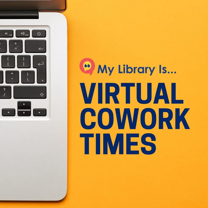 A laptop keyboard against an orange background. Text that reads “My Library Is... virtual cowork times.” 